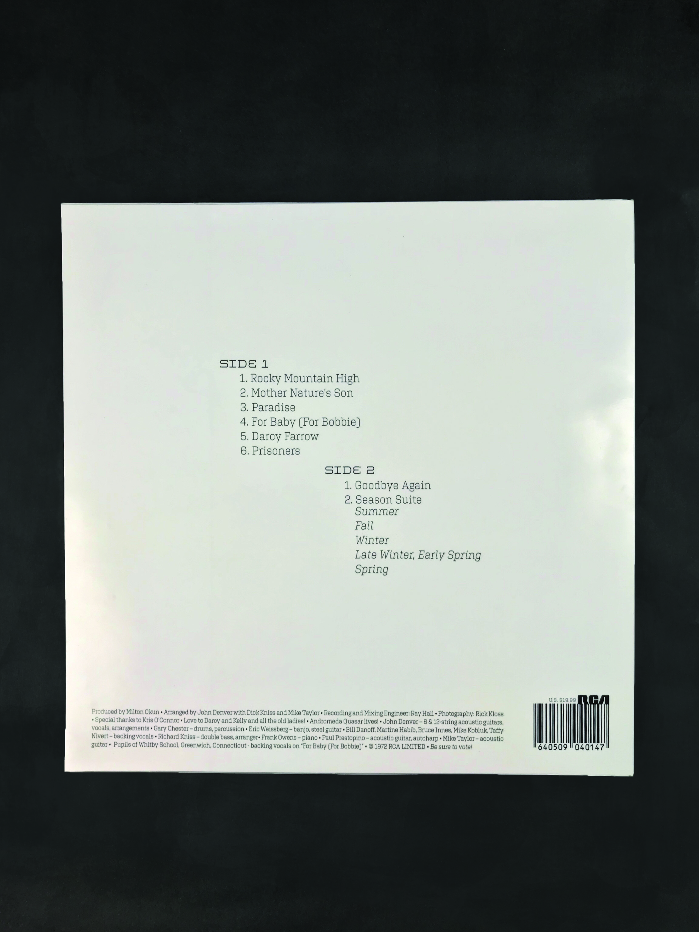 The back cover of my redesign of John Denver's album, Rocky Mountain High. Printed on the back is the song list.
