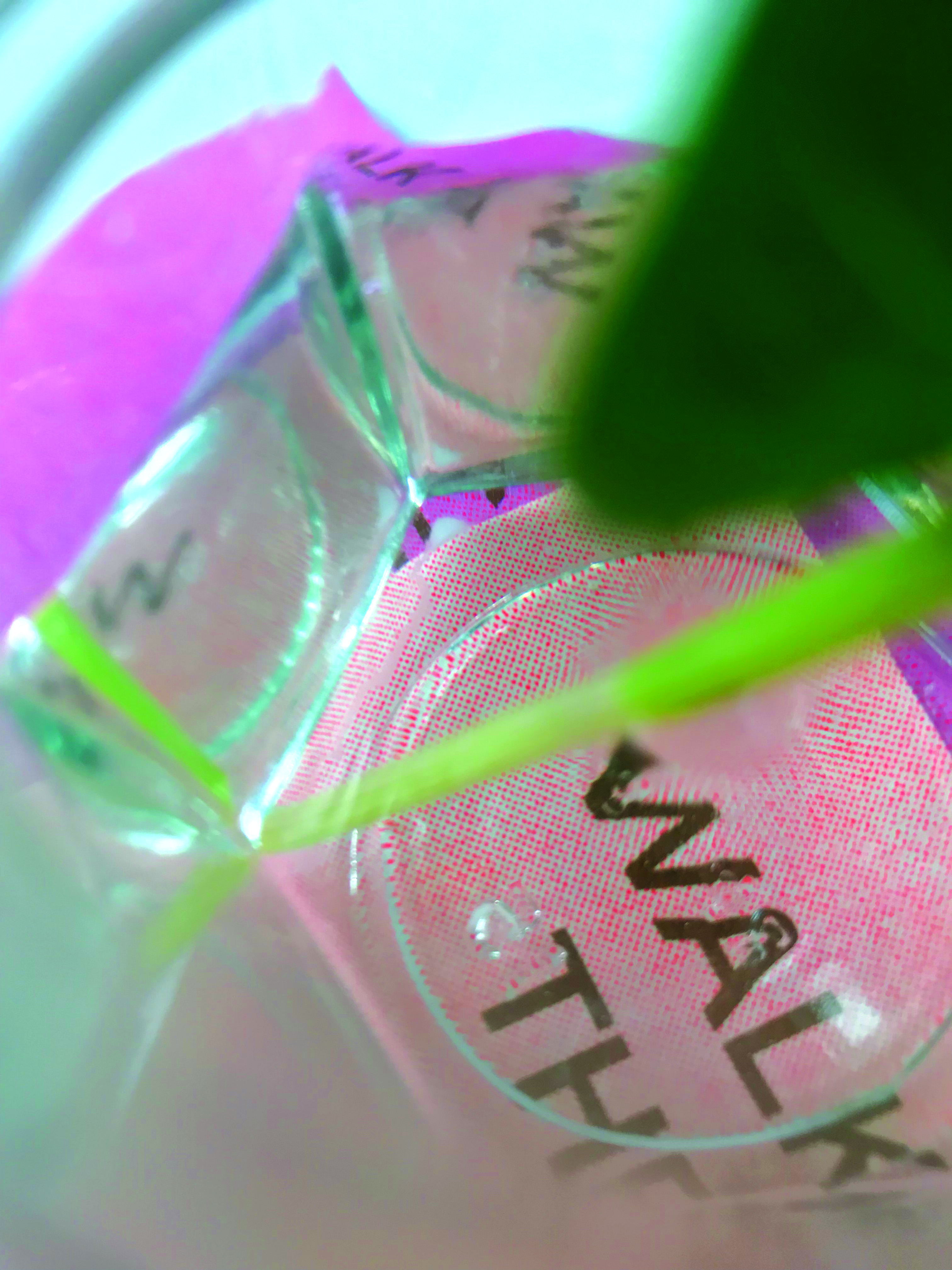 a view of the zine through the bottom of a glass vase.